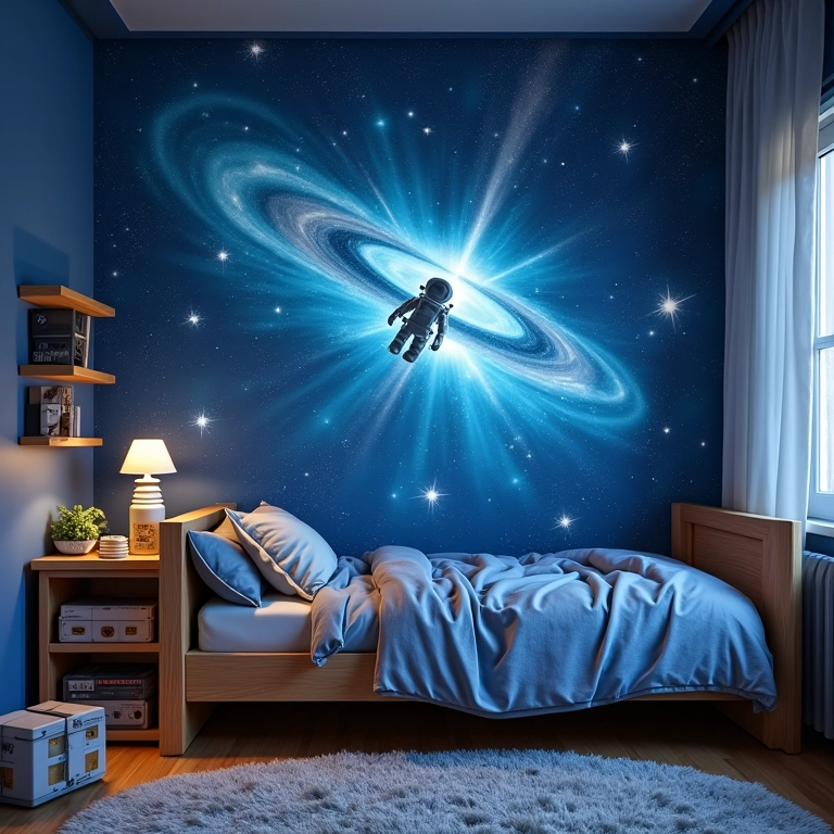 Quarto de menino com tema de aventura espacial e mural da galáxia.