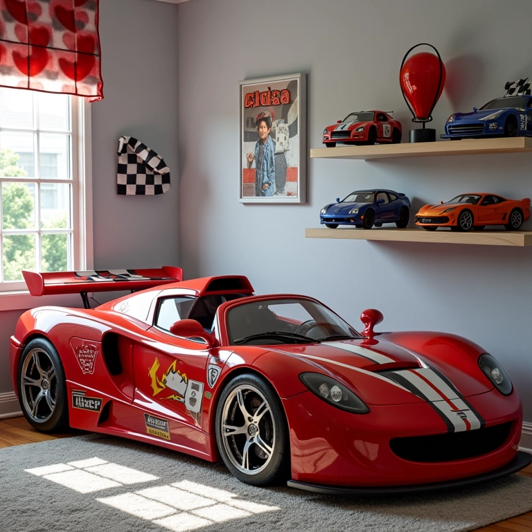 Quarto de menino com tema de carros de corrida e detalhes de bandeira quadriculada.
