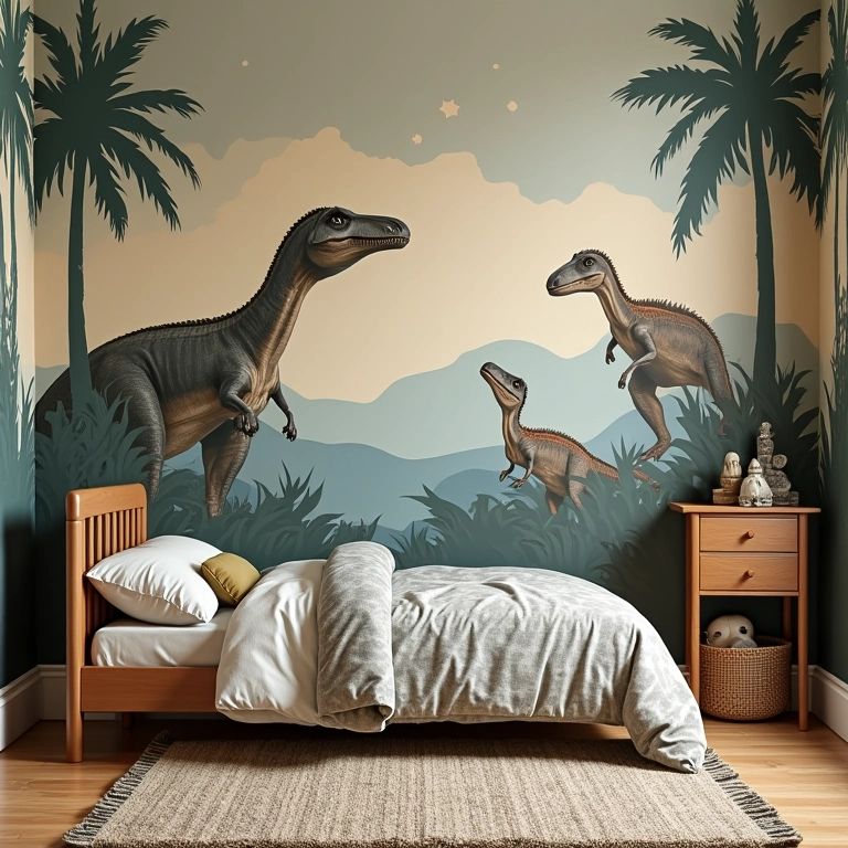 Quarto de menino com tema de dinossauros, mural e tons terrosos.