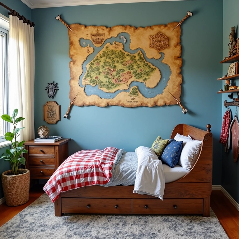 Quarto de menino com tema de piratas, mapa do tesouro e cama em formato de navio.