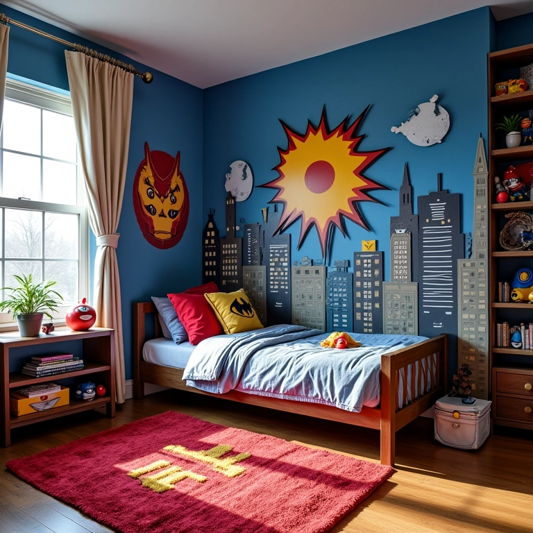 Quarto de menino com tema de super-heróis, arte de quadrinhos e cores vibrantes.