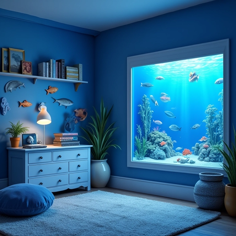 Quarto de menino com tema do fundo do mar, paleta de cores azuis e aquário.