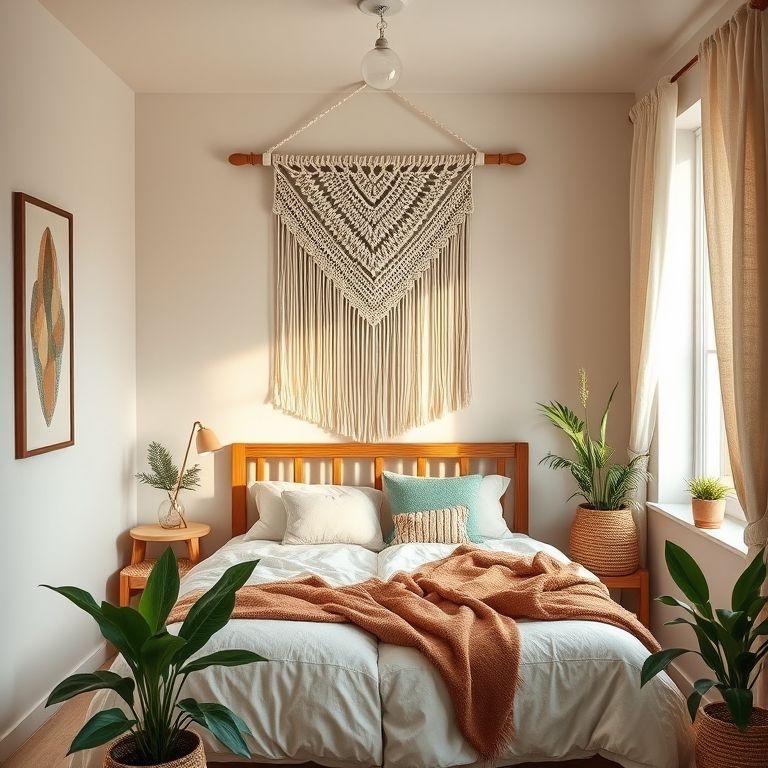 Quarto de solteira boho aconchegante com macramê, texturas e cores quentes.