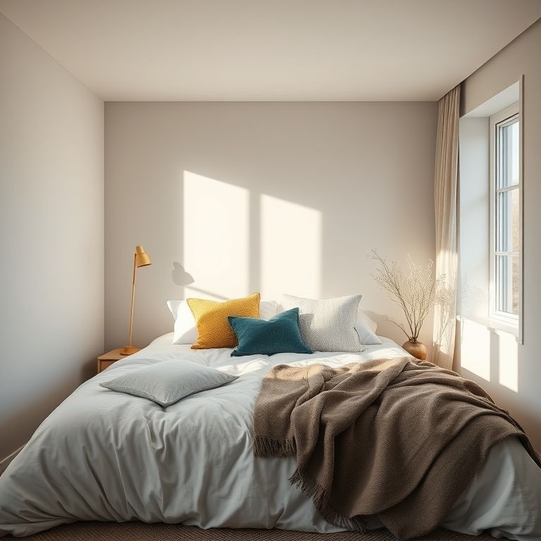 Quarto de solteira com almofadas e mantas macias para um ambiente aconchegante.