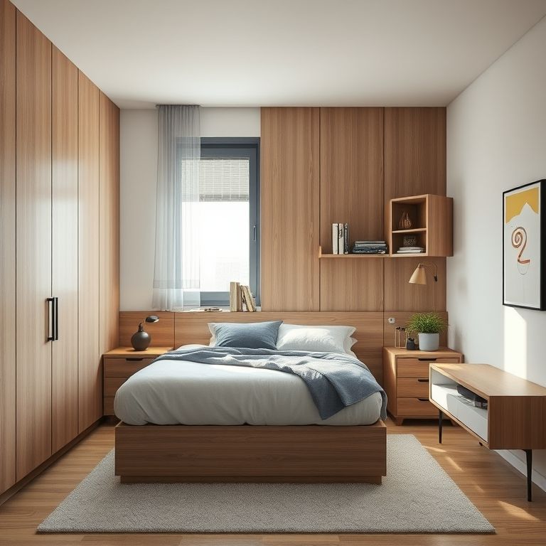 Quarto de solteira com cama com baú, design funcional e espaço organizado.
