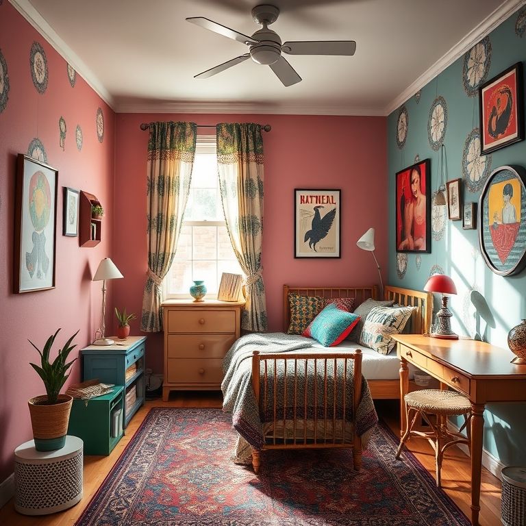 Quarto de solteira com cores vibrantes, estampas ousadas e decoração eclética.