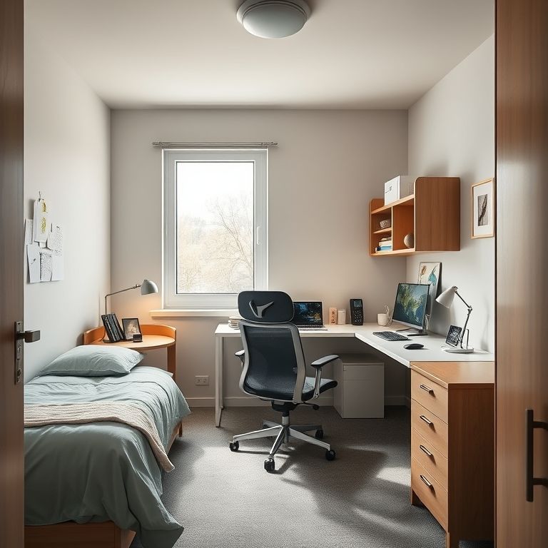 Quarto de solteira com escrivaninha multifuncional para estudo e trabalho.