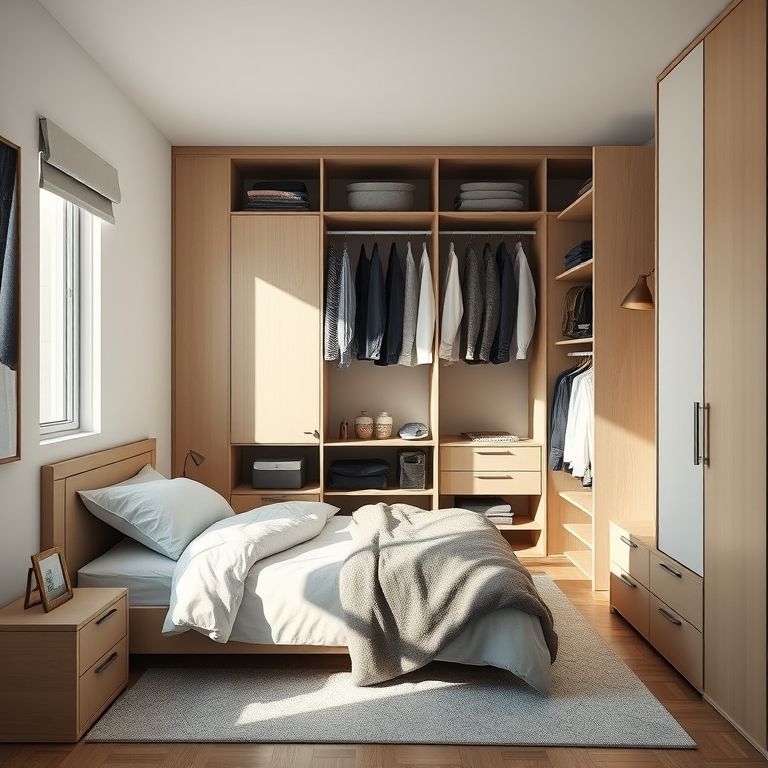 Quarto de solteira com guarda-roupa inteligente para otimizar o espaço.