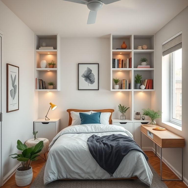 Quarto de solteira com nichos e prateleiras para organizar a decoração.