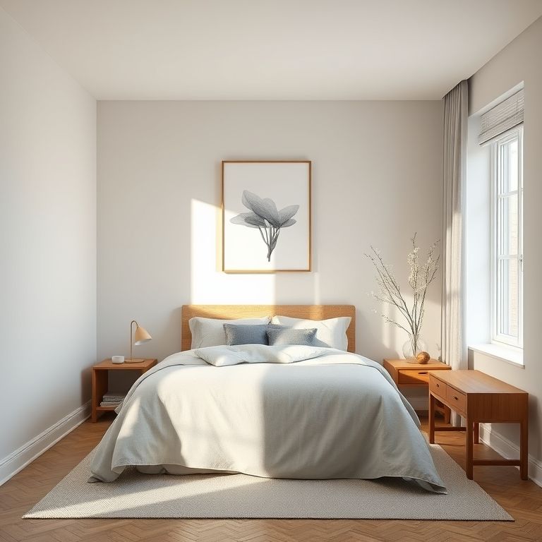 Quarto de solteira com tons neutros, roupa de cama de linho e arte minimalista.