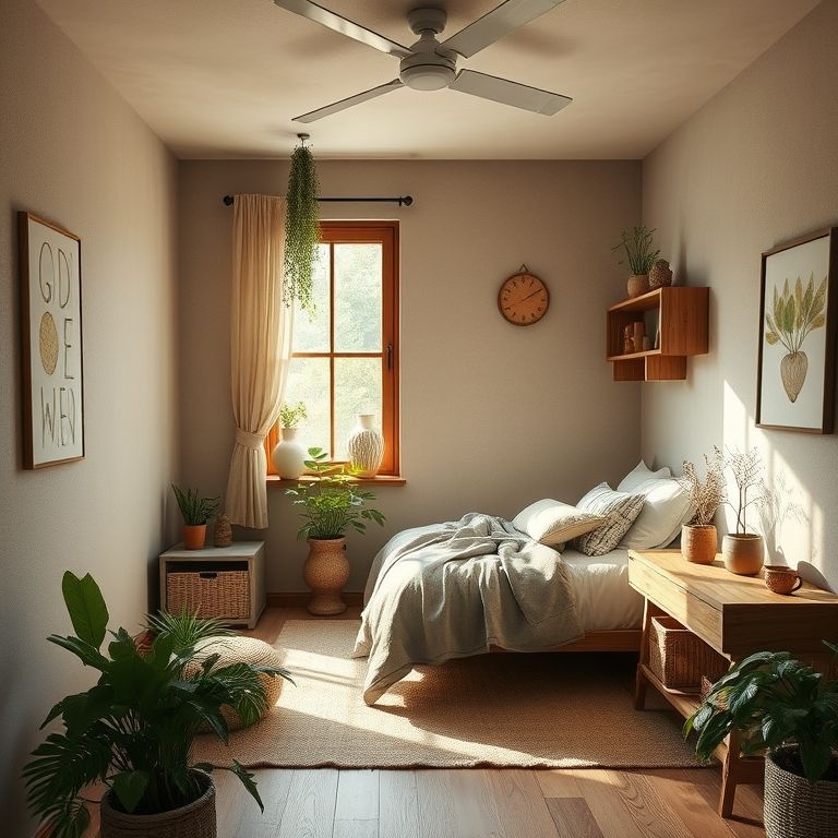 Quarto de solteira com tons terrosos, materiais naturais e detalhes rústicos.