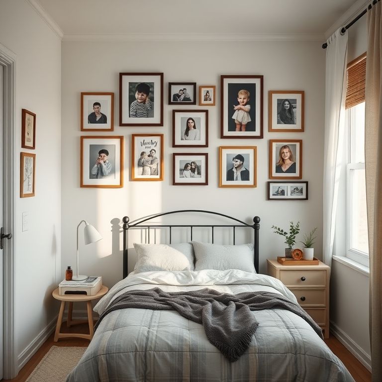 Quarto de solteira decorado com quadros e fotos de memórias pessoais.