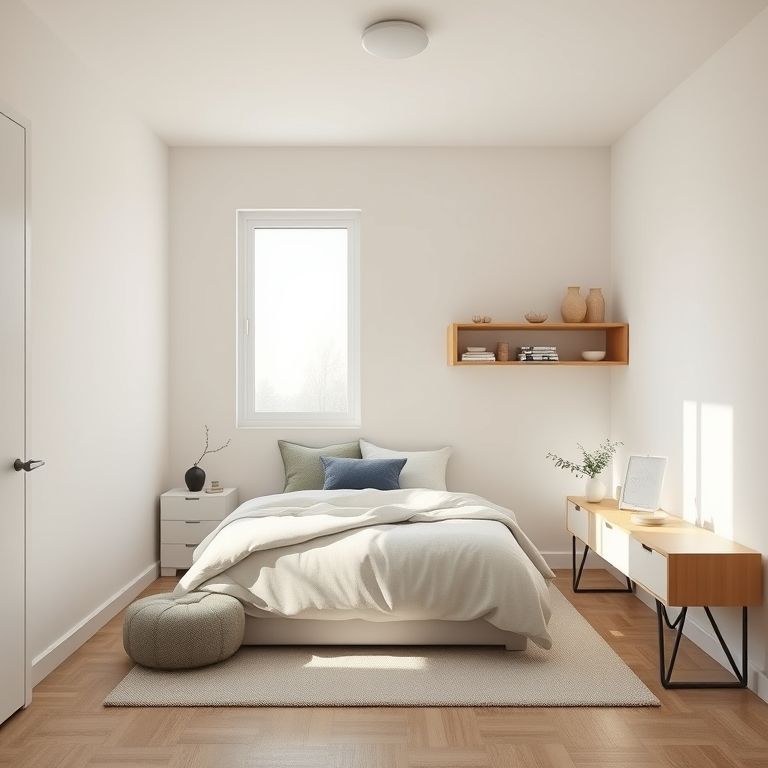 Quarto de solteira minimalista chic com paleta de cores neutras e linhas limpas.