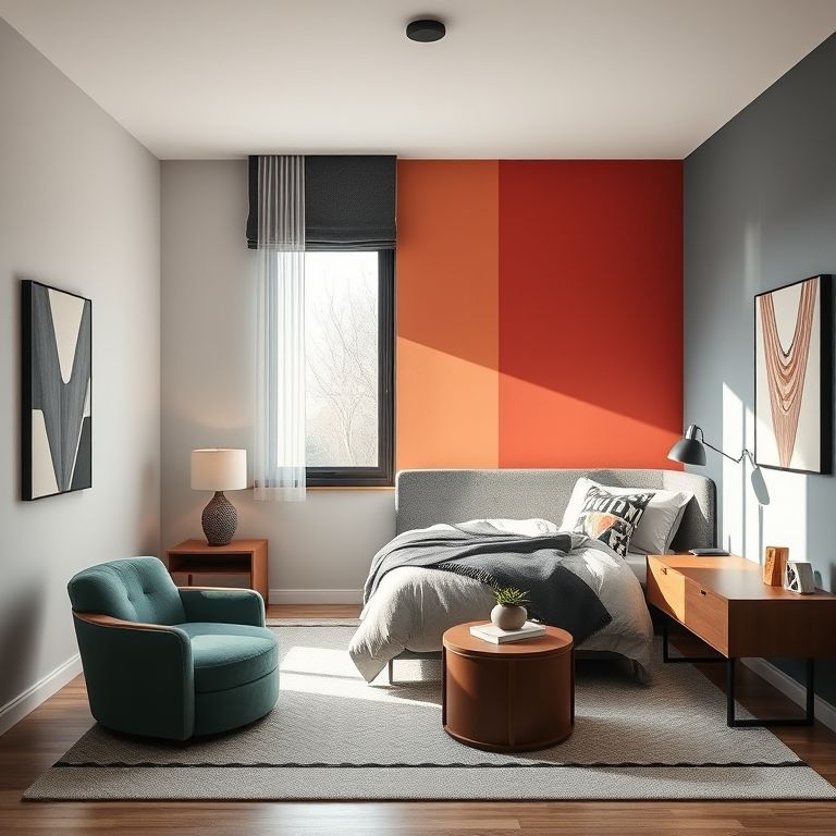 Quarto de solteira moderno e ousado com padrões geométricos e cores contrastantes.