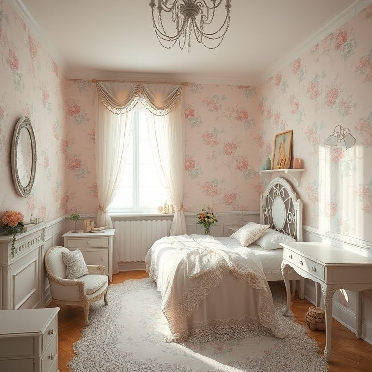 Quarto de solteira romântico delicado com tons pastel e detalhes florais.