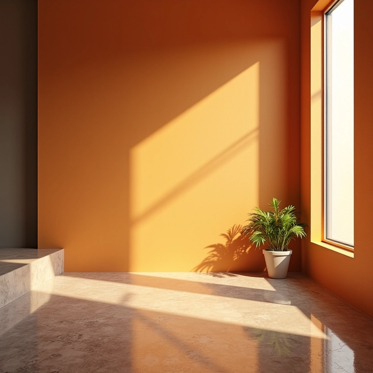 Quarto desconstrutivista com iluminação criativa e jogo de sombras.