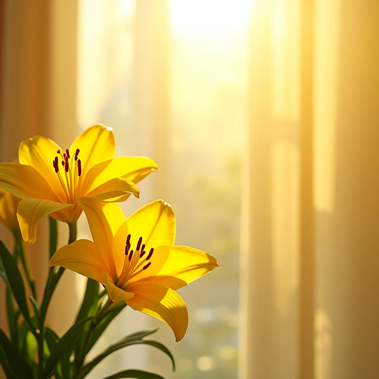 Quarto ensolarado com lírios amarelos, decoração Feng Shui para atrair boas energias.