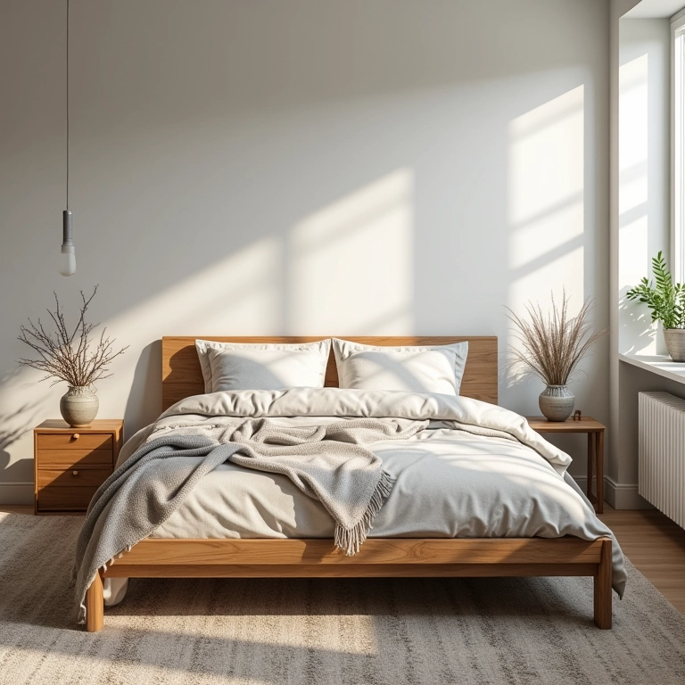 Quarto escandinavo com móveis de madeira e roupa de cama de linho.