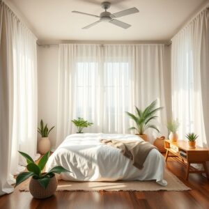 Quarto iluminado com cortinas de linho criando luz suave.