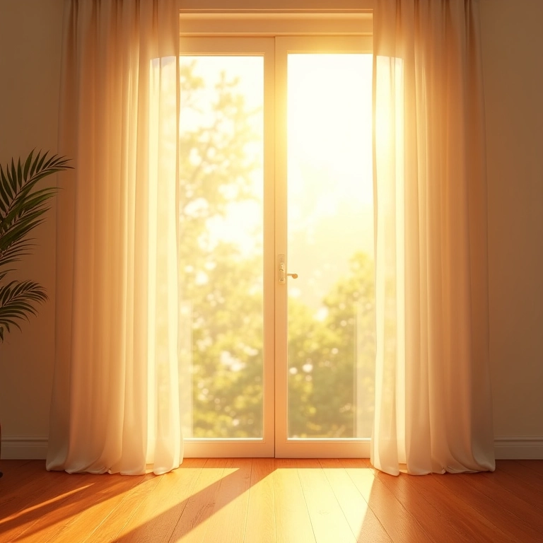 Quarto iluminado pelo sol com cortinas translúcidas e piso de madeira.
