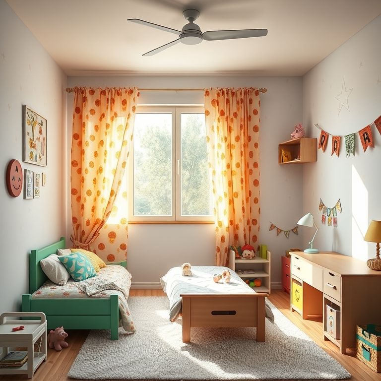 Quarto infantil com cortinas coloridas e estampadas.
