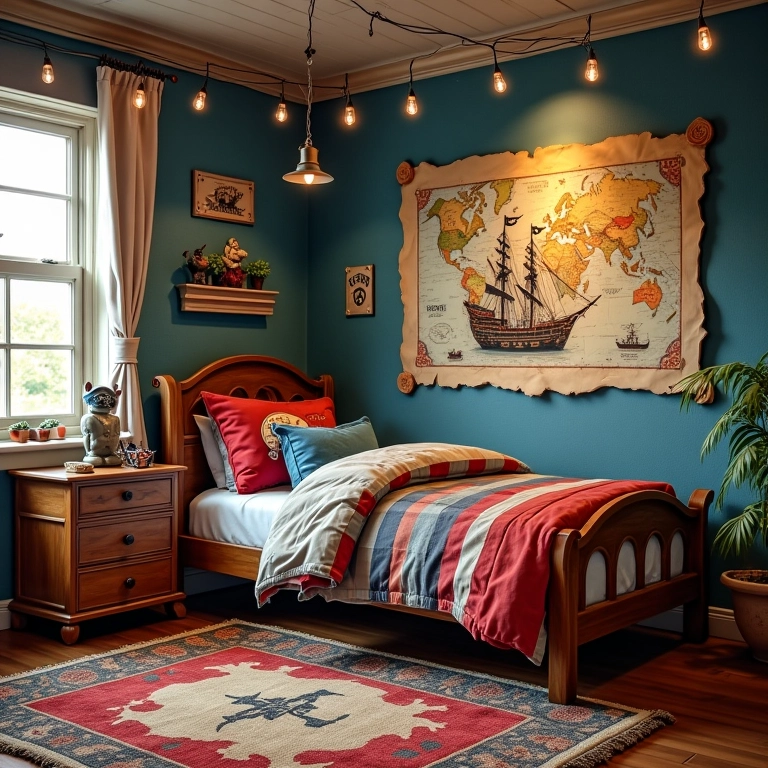 Quarto infantil com tema de piratas, mapas do tesouro e elementos náuticos.