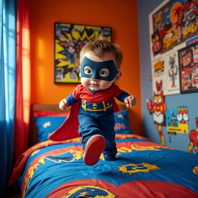 Quarto infantil com tema de super-heróis, cores vibrantes e ação.