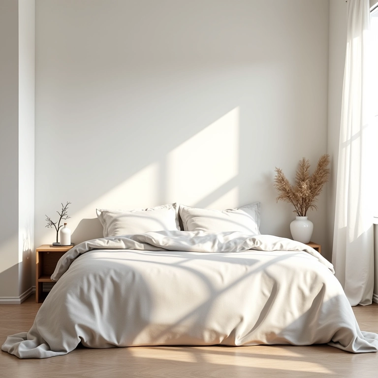 Quarto minimalista com cores neutras e roupa de cama de linho.