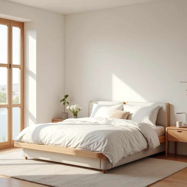 Quarto minimalista com espaço livre, cores suaves e luz natural.