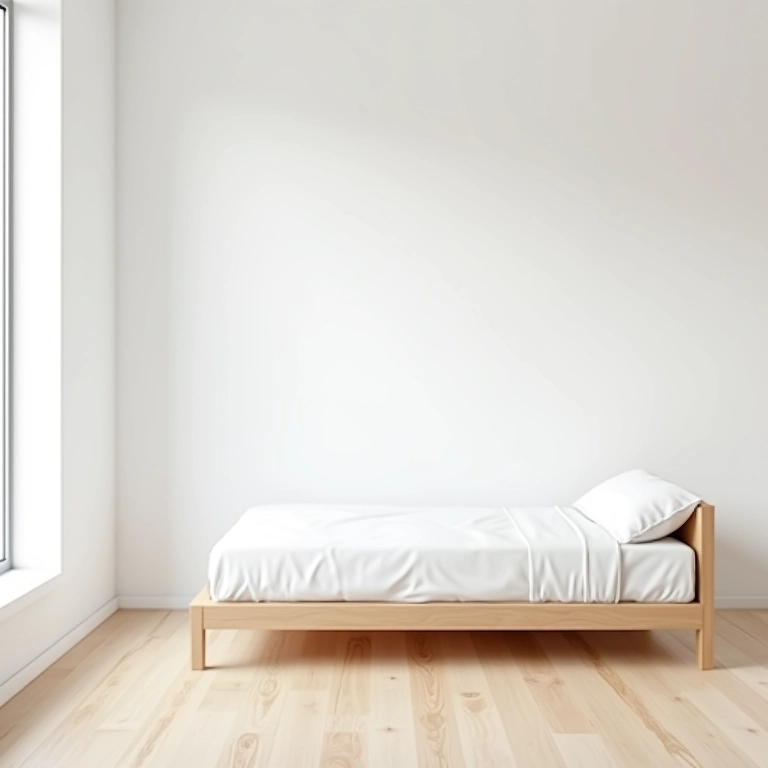 Quarto minimalista com paredes brancas, piso de madeira clara e cama simples.