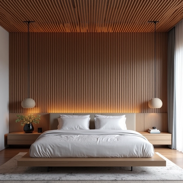 Quarto moderno com teto de ripado de madeira.