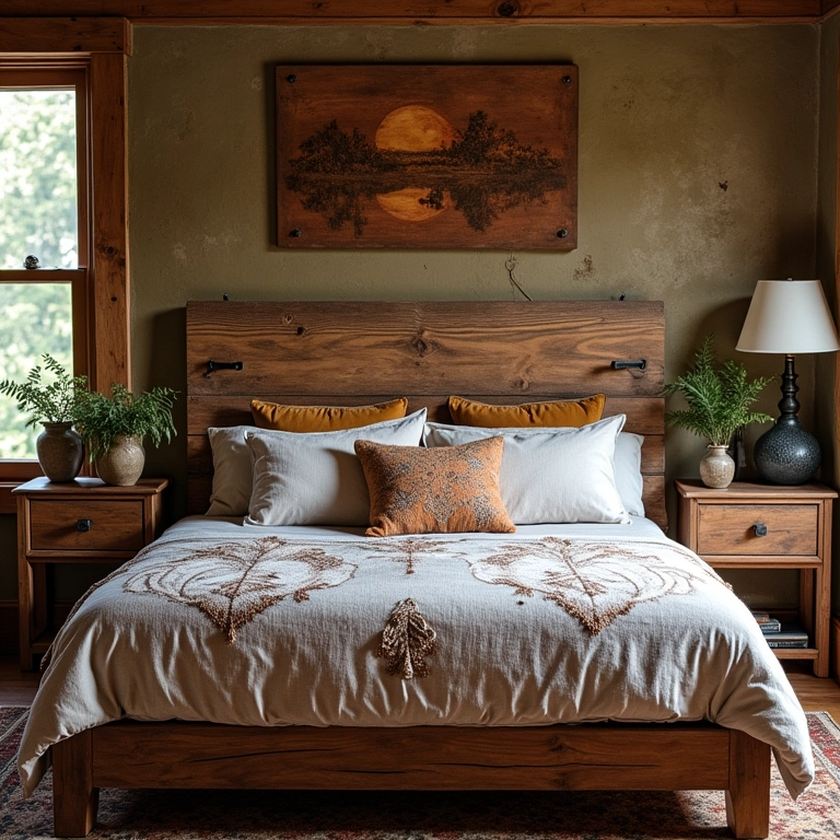 Quarto rústico e elegante com cabeceira de madeira de demolição e decoração vintage.