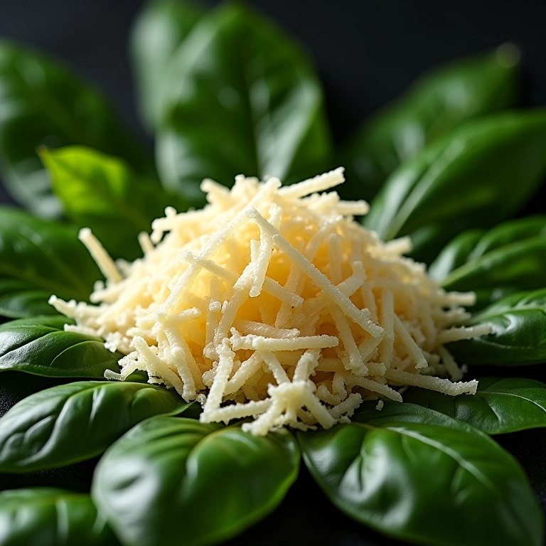 Queijo parmesão ralado caindo sobre manjericão fresco.