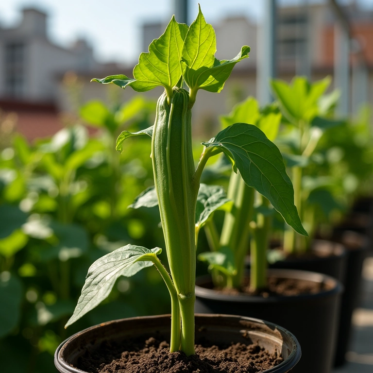 Quiabo plantado em vaso.