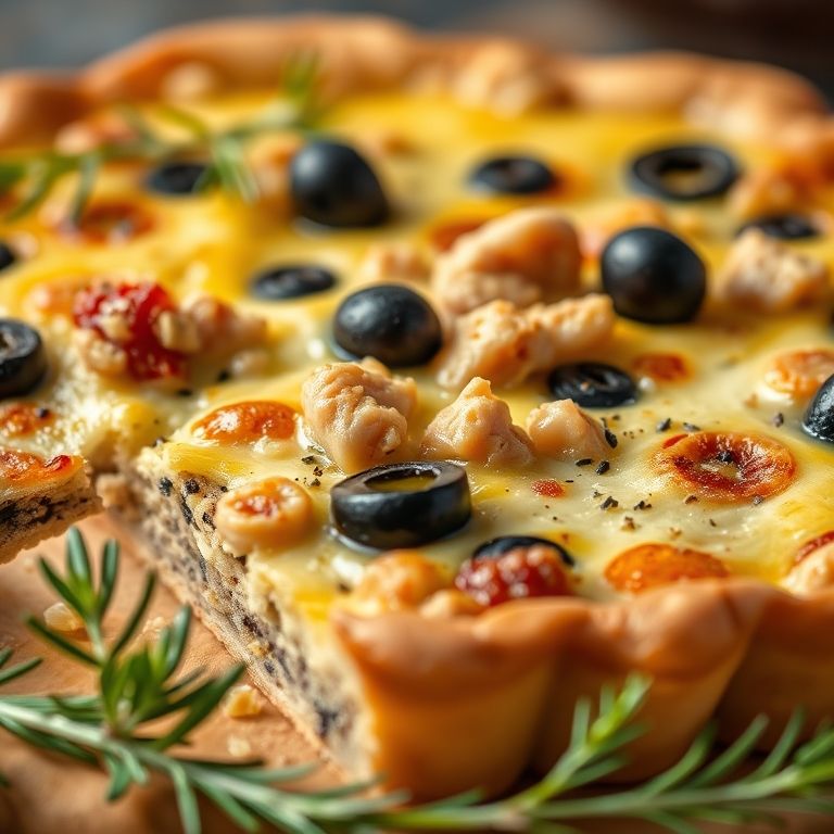 Quiche de atum com azeitonas pretas e massa folhada.