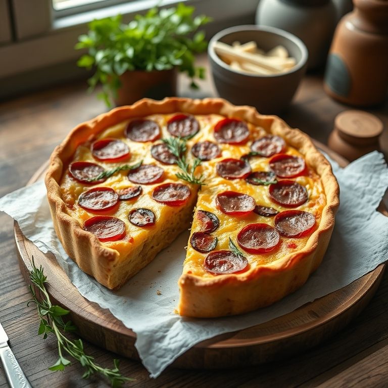 Quiche de calabresa com cebola caramelizada em ambiente rústico.