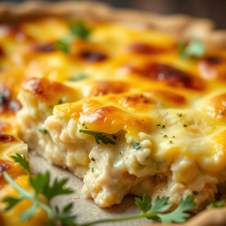 Quiche de frango com requeijão cremoso e massa dourada.