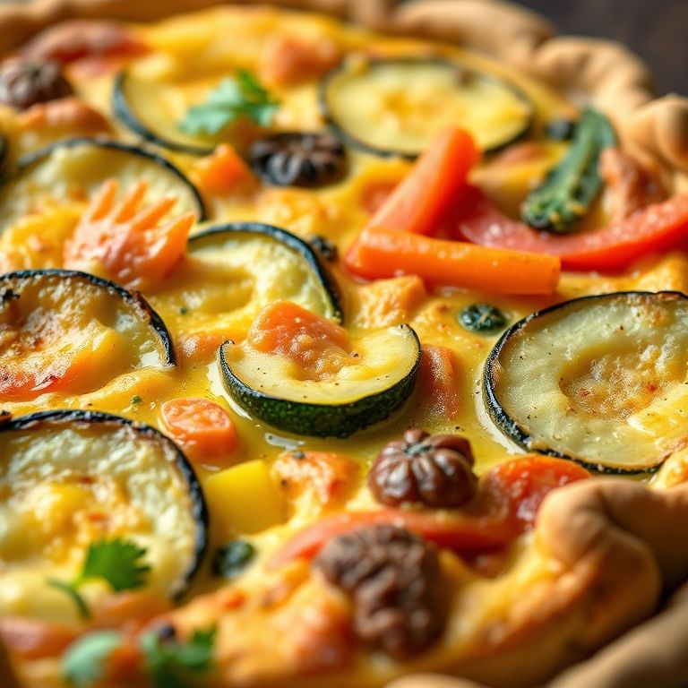 Quiche de legumes frescos com abobrinha, pimentões e cenouras coloridas.