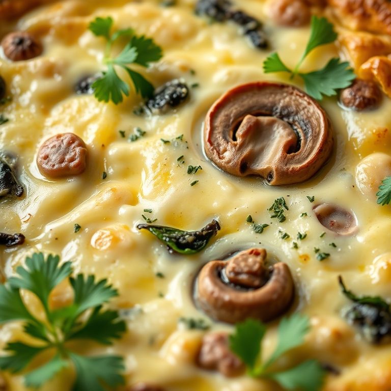 Quiche de palmito pupunha com champignon, textura cremosa e salsinha.