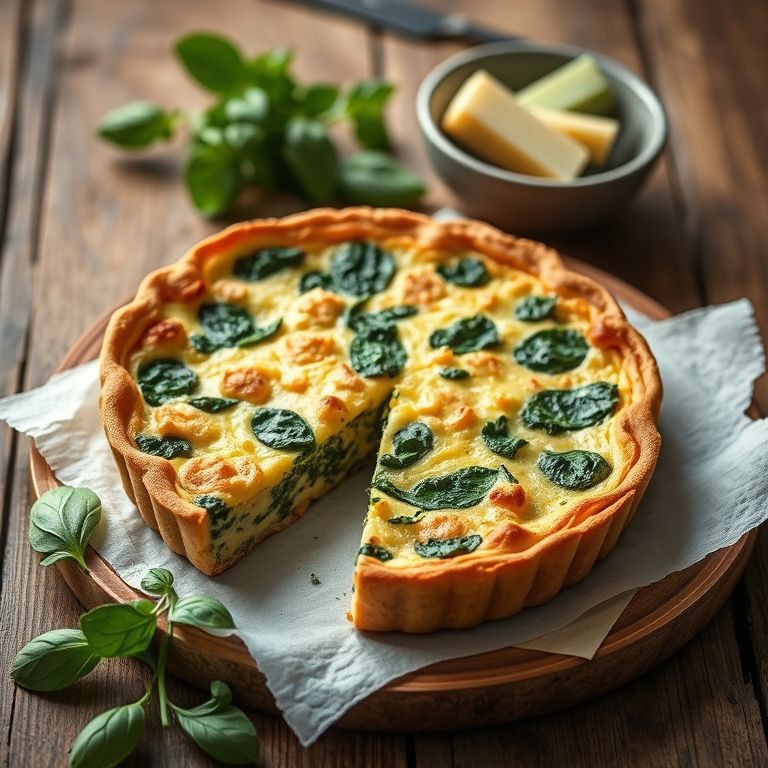 Quiche de queijo minas com espinafre em estilo rústico.