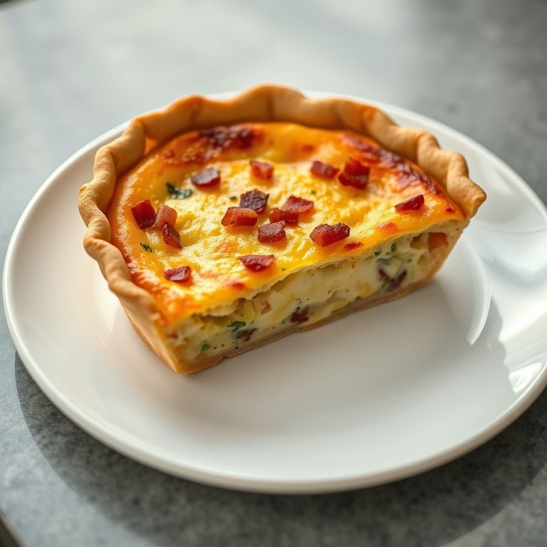 Quiche Lorraine clássica com massa dourada e recheio cremoso.