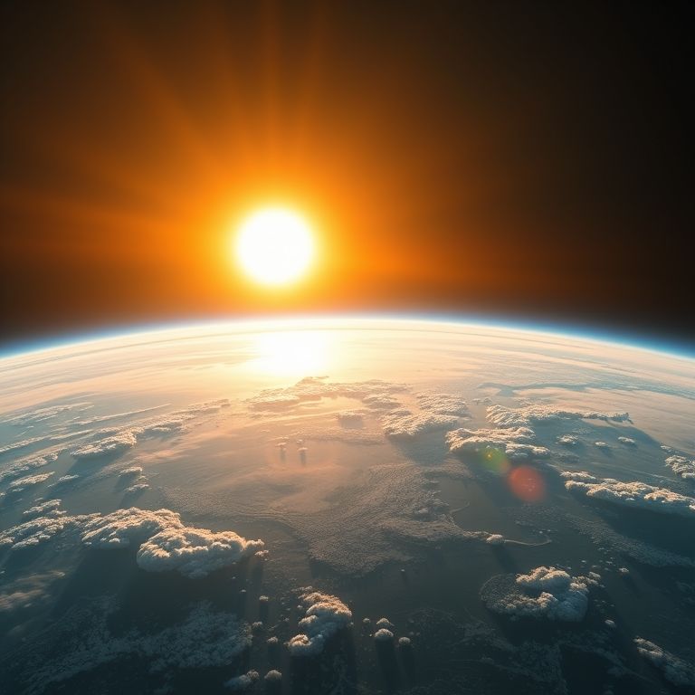 Radiação solar atingindo a Terra e camadas atmosféricas.