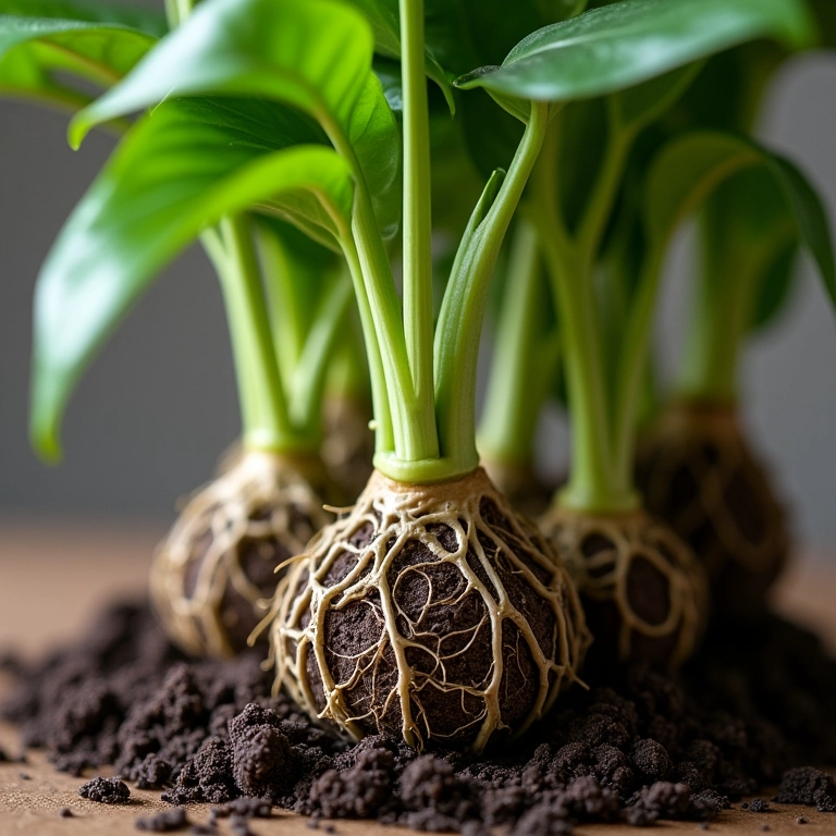 Raízes de antúrio em substrato ideal, mostrando sistema radicular saudável.