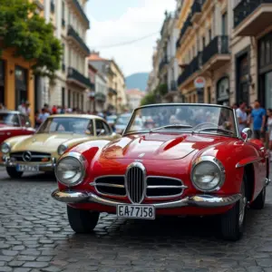 Rally de carros clássicos no Rio de Janeiro, carros antigos em rua de paralelepípedos.