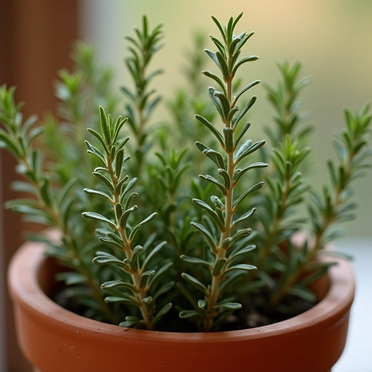 Ramos de alecrim em um vaso de cerâmica.