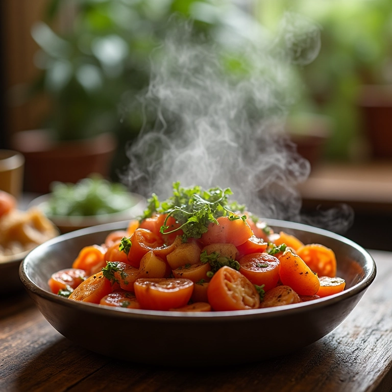 Ratatouille rústico em um ambiente vibrante, apresentação 'farm to table'.