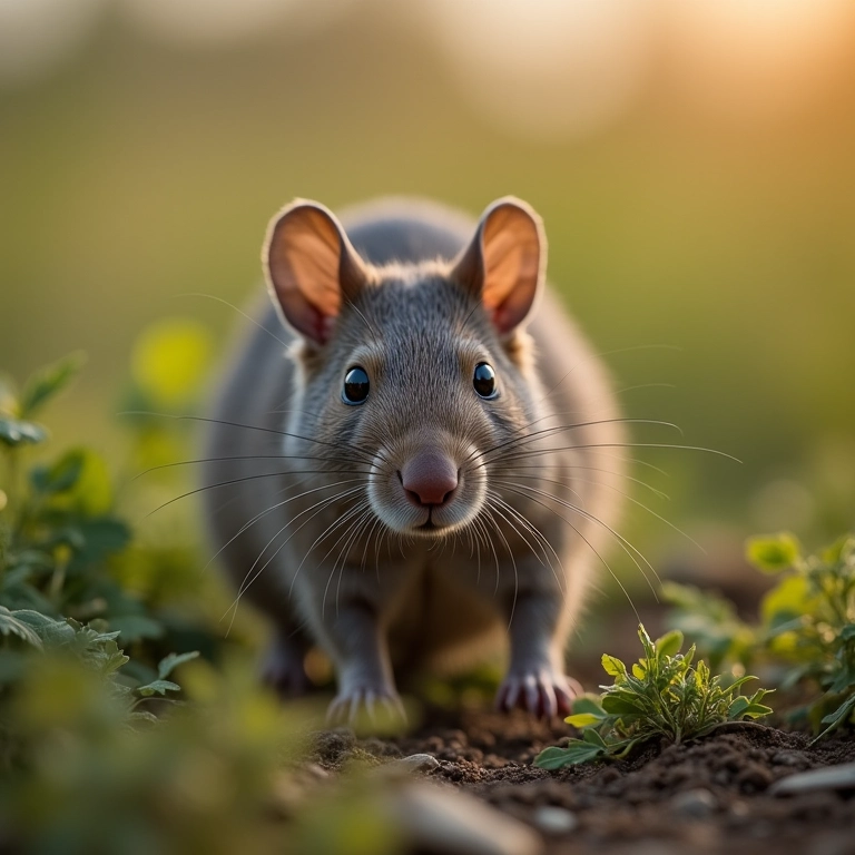 Rato detector de minas terrestres em um campo.