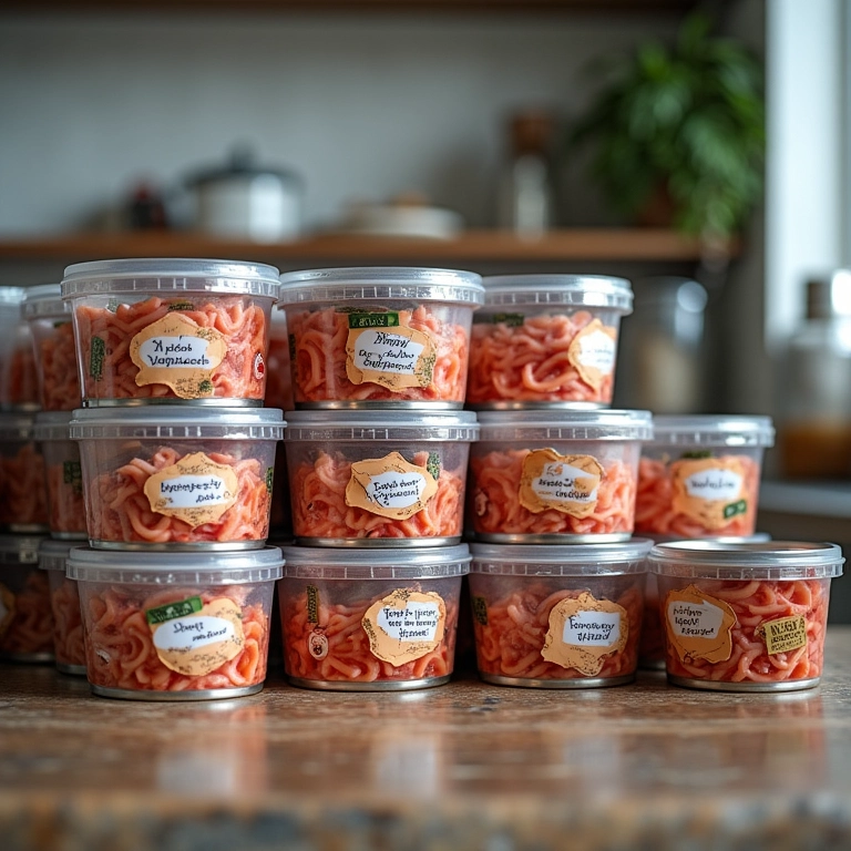 Receitas com atum congeladas em potes etiquetados.