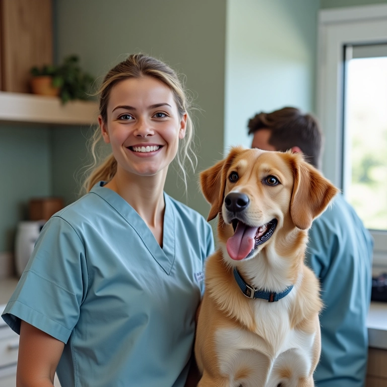 Recepção acolhedora com afeto em hospital veterinário.
