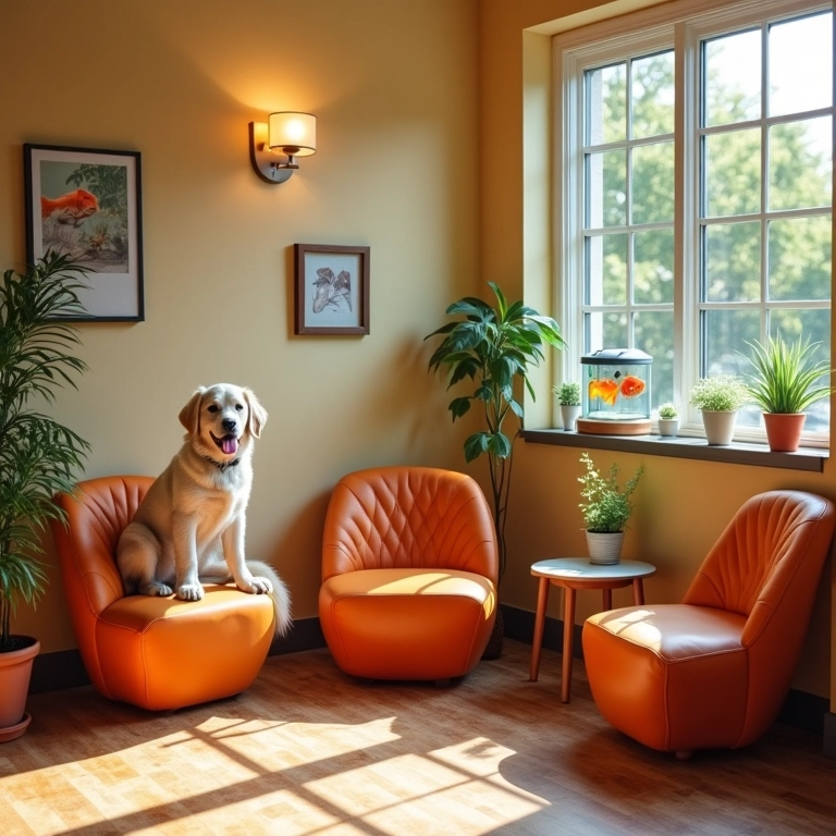 Recepção acolhedora de clínica veterinária com aquário e cores suaves.